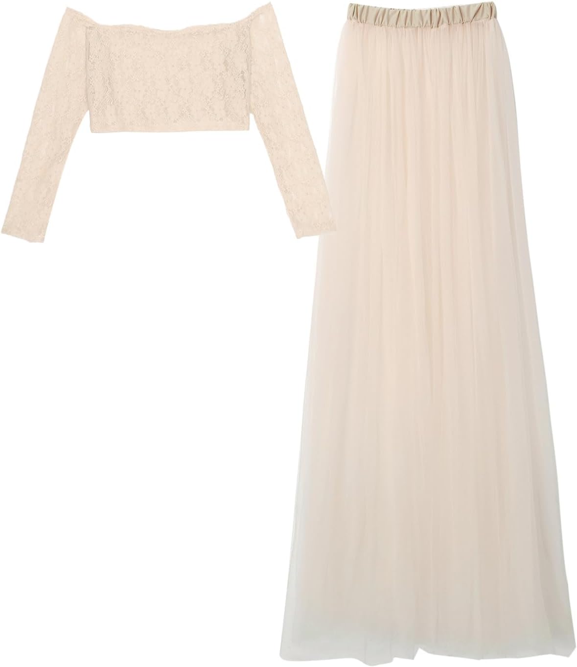 Alvivi Women Maternity Photoshoots Outfit Off Shoulder Long Sleeve Lace Crop Top Floor Length Tulle Skirt Set