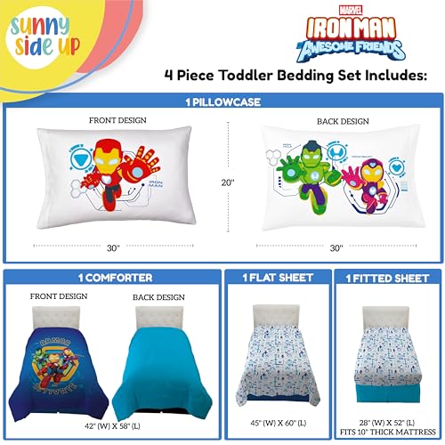 Image of Sunny Side Up Kids Comforter Set Includes Sheets and Pillow Covers - Soft and Cozy Bed Set for Stylish Room Decor, Blue - Iron Man and His Awesome Friends, 4 Piece Toddler Bed Frame Size Bedding