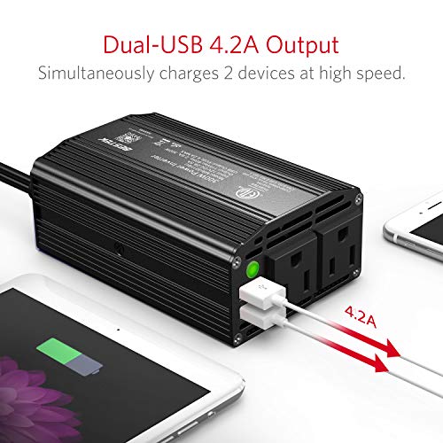 BESTEK 300W Power Inverter DC 12V to 110V AC Car Inverter with 4.2A Dual USB Car Adapter (Black)