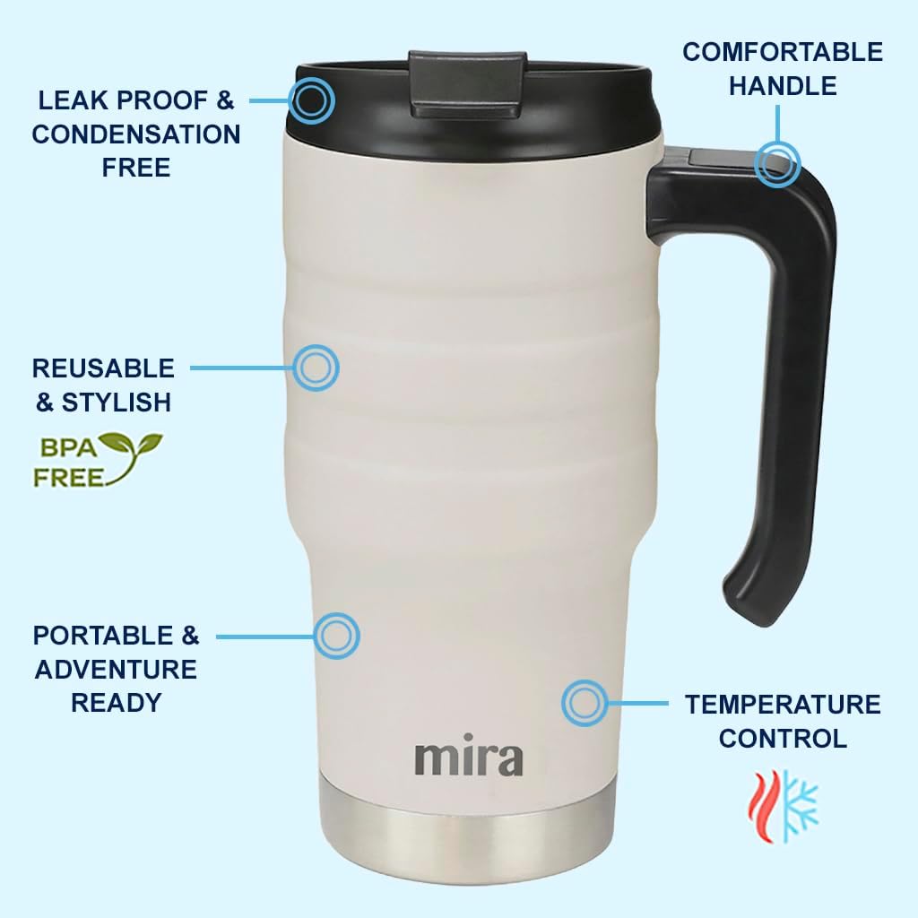 MIRA 20 oz Insulated Travel Mug - Stainless Steel Coffee Cup with Spill-Proof Flip Lid & Handle - Hot/Cold Car Tumbler - Sand - Image 2