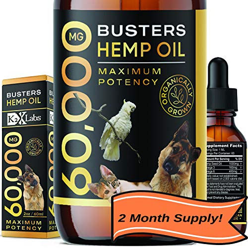 Buster's Organic Hemp Oil Large 60 Milliliters for Dogs & Cats - Max Potency - Made in USA - Omega Rich 3, 6 & 9 - Hip & Joint Health, Natural Relief for Pain, Separation Anxiety (60,000MG)