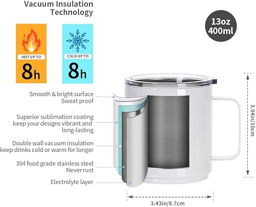 Miniatura 6 de Craft Express Tazas apilables de sublimación de 13 onzas en blanco, acero inoxidable, vasos de sublimación con asa y tapa, perfectos para