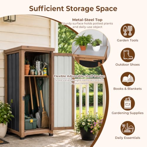 Image of PetsCosset Small Outdoor Storage Cabinet Waterproof with Metal Top, Wood & Metal Outside Potting Bench Table Tool Organizer with Adjustable Shelf for Patio Backyard Garden