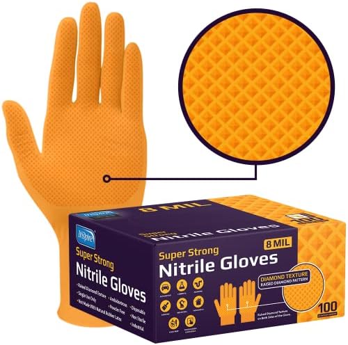 Inspire Heavy Duty Orange Nitrile Disposable Gloves | ULTRA 8 Mil Gloves Diamond Textured For Secure Grip | Food Safe, Industrial Gloves Disposable Latex Free Mechanic Gloves | Nitrile Gloves