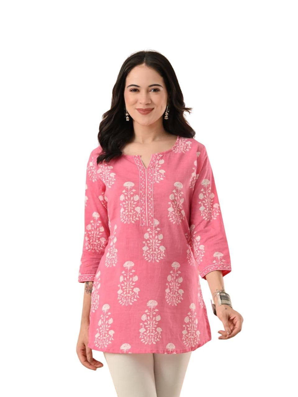 amazon brand - tavasya Women Floral Printed Round Neck Pure Cotton Kurti | Everyday & Office Wear Kurta | Modern Ethnic Top-picture-13
