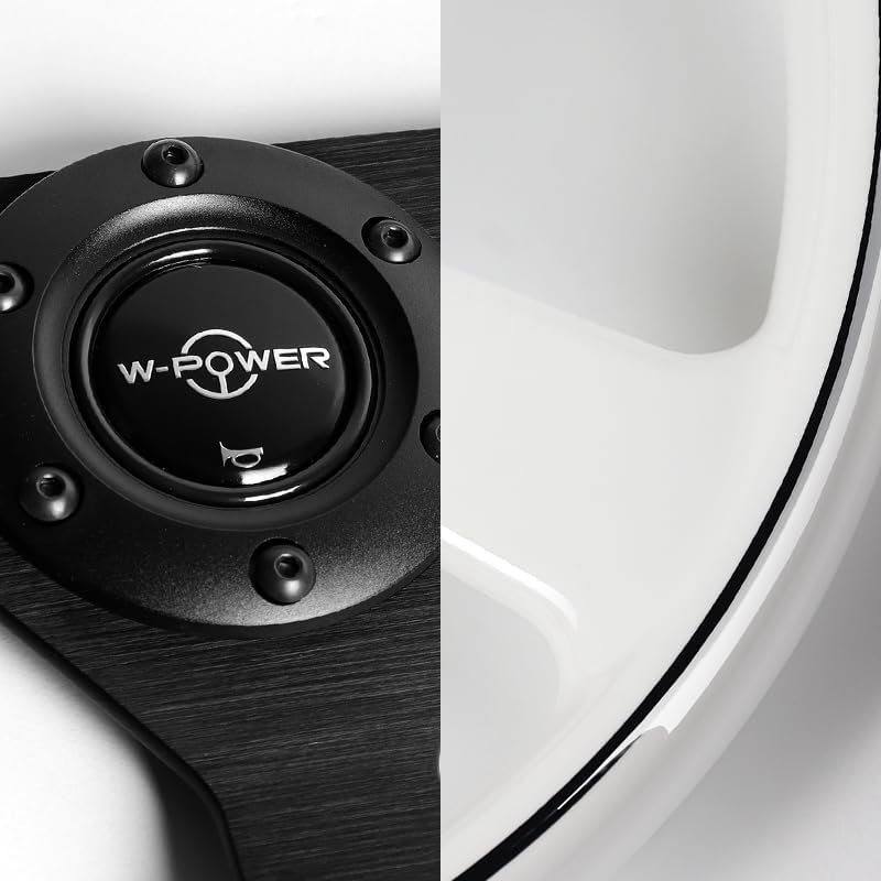 STAY-TUNED W-Power Universal 350MM (14 inch) Reinforced Galaxy Classic Wood, 6 Bolts, Matt Black 3-Spoke Steering Wheel with Car Horn Button (Classic White Wood)