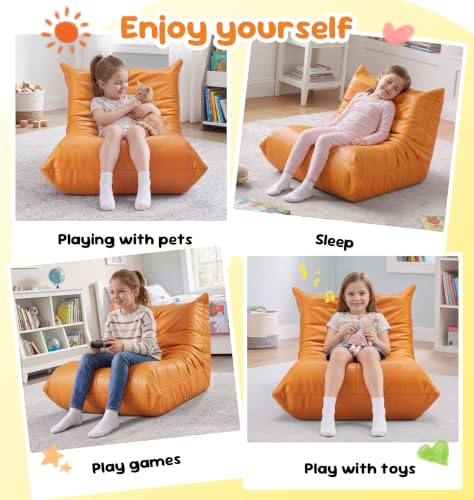 Image of Hobestluk Small Bean Bag Chair Leather Waterproof Beanbag Lazy Floor Sofa Bean Bags with Memory Foam Filled Lounge Sofa Armless Chair for Bedroom Playroom and Reading Dorm Easy Clean (Orange, Small