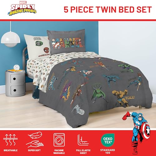 Image of Marvel Comics Avengers Twin Comforter Set 5 Piece Bedding for Boys, Gray