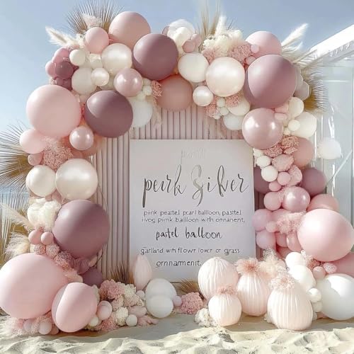 Image of Pink White Balloon Arch Double Stuffed Pearl Pink Bobo Balloons Garland for Birthday Baby Shower Bridal Shower Wedding Fairy Baptism Party Decorations