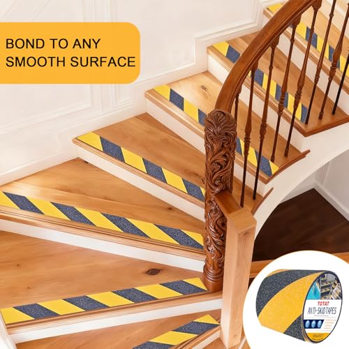 Image of Black & Yellow Anti-Slip Stair Treads Tape, 4 inch x35FT Heavy Duty Non-Skid Grip Tape for Indoor /Outdoor Steps, Bathroom & Pool - PVC Waterproof Safety Traction Tape
