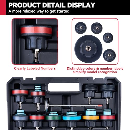 Image of KOOPOOL 30PCS Radiator Pressure Tester Kit, Coolant Pressure Tester and Vacuum Refill Kit for Automotive Cooling System Water Tank Leakage Detection | Complete 7-mandrel kit + 70 rivet nuts. 5-sec tool-free swap. Auto-lock for no wobble. CR-V steel. 2-year warranty.