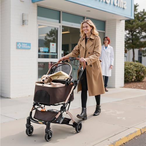 Gimars Upgrade 4 in 1 Katzenwagen & Hundewagen Bis 20kg Klappbar,360° Gummireifen Katzen Wagen Mit Hinterradbremse, Hundebuggy Mit Regenschutz Einziehbare Zugstange Für Kleine Hunde Katze Khaki
