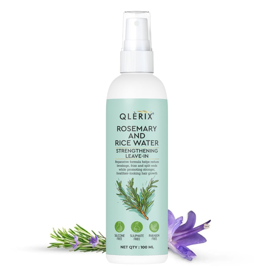 QLERIX Rosemary and Rice Water Spray for Hair Growth, Hairfall Control, Hair Thickness, Hair Strengthening & Hair Shine Leave-in Spray, Natural Ingredients, 100ml, For Men & Women All Hair Types (Pack of 1, Rosemary)