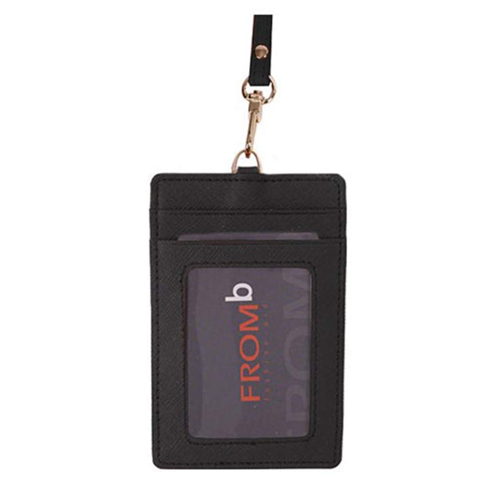 FROMbMacaroon Cowhide Genuine Leather ID Card Badge Holder (Black)