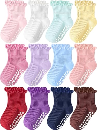 Image of Baby Toddler Girls Socks Grip Ruffle Non Slip Kids Cotton 12 Pack Socks | Premium Soft Cotton,Full Anti-Slip Grips,6 Month-7T Grippy Crew Socks for Girls,Daily School All Season Wear,Cute Ruffle Edge