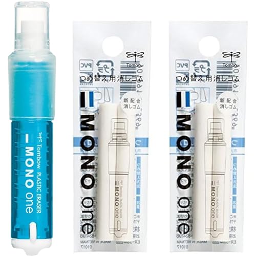 【本体+替え芯4本セット】トンボ鉛筆 ペン型 消しゴム MONO モノワン ブルー EH-SSM40 + ホルダー消しゴム モノワン用替え消しゴム ER-SSMx2 MONO TOMBOW+ オリジナルロゴ入りシールつき