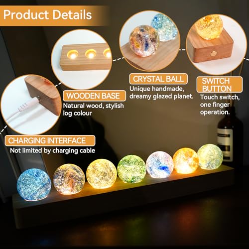 Image of JOJOCY 7 Colors Glass Ball Night Light with LED Wooden Base Rechargeable, 4cm /1.6in Healing Spheres Balls for Meditation & Decor Lights Gift for Friends Boys Girls Teacher (Base & Balls)