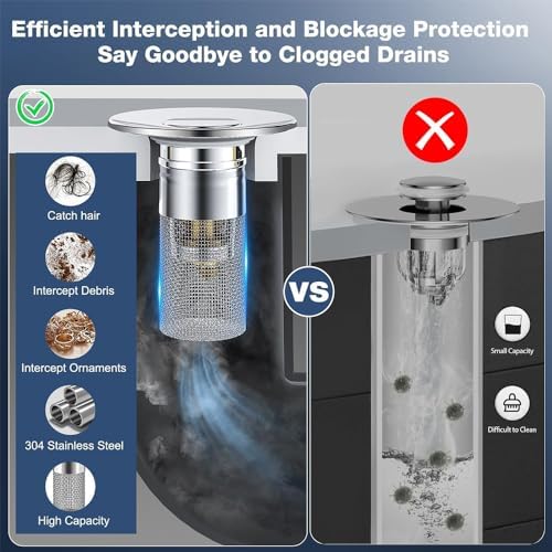 Stainless Steel Floor Drain Filter,Bathroom Sink Stopper Hair Catcher with Removable Stainless Steel Filter Basket Hair Catcher,Isolate Odor Pop Up Sink Drain Filter（2Pcs）