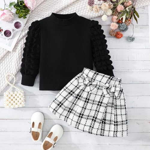 Image of Noubeau Toddler Girls Plaid Outfits Girls Puff Sleeve Knit Ribbed Shirt Tops Plaid Skirt Set Kids Fall Winter Clothes