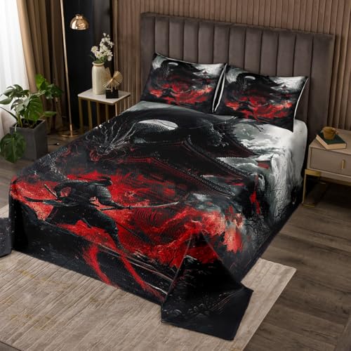Loussiesd Juego de colcha de dragón, tamaño individual, estilo japonés, acolchado para niños, niñas, adolescentes, Samurai, decoración de habitación acolchada, color negro y rojo