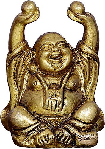 Worth Praize Vintage Laughing Buddha Statue in Solid Brass Metal: Harbinger of Wisdom and Wealth - Use as Home Decor Showpiece for Feng-Shui, Golden Finish