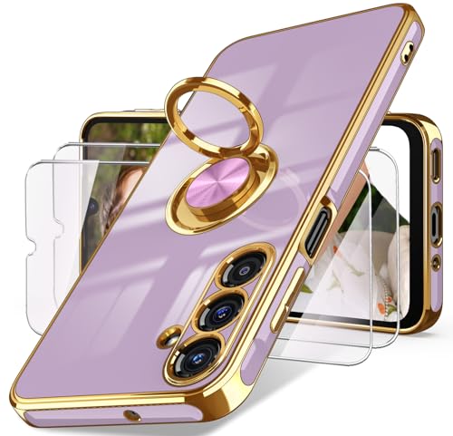 Dretal for Samsung Galaxy A16 5G Case, Screen Protector, 360° Rotatable Ring Holder Magnetic Kickstand,Plated Gold Edge Slim Soft TPU Protective Phone Cover for Galaxy A16 5G (Purple)