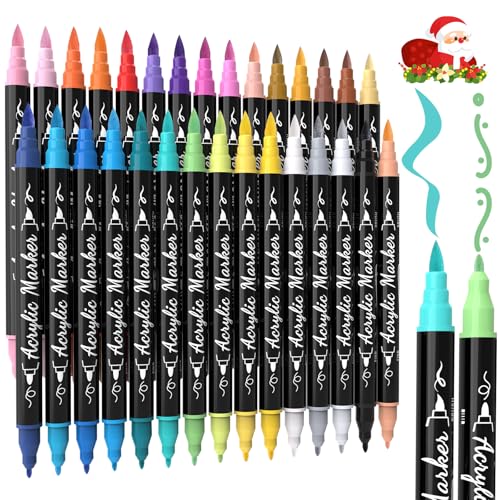 TOSHARE 30 Colors Acrylic Paint Markers - Waterproof Dual Tip Acrylic Paint Pens with Brush & Fine Tip Professional Marker Set Scrapbook Markers for Paper Rock Wood Fabric Glass Ceramic and DIY Crafts