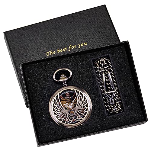 Whodoit Double Open Vintage Eagle Wing Mechanical Pocket Watch, Skeleton Case Roman Numerals Bracelet Men's Pocket Watch #TOP1