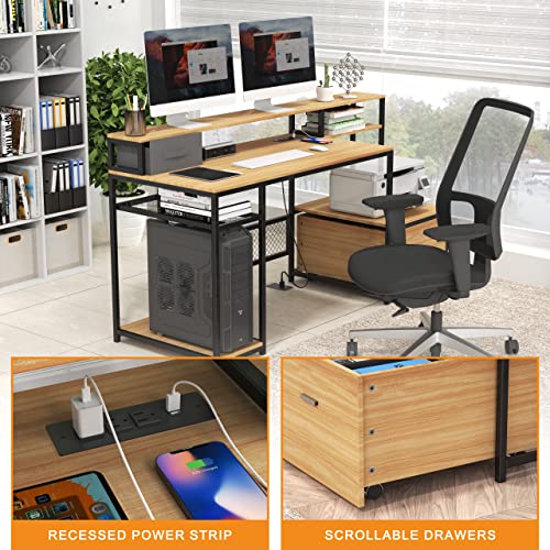 Ayeasy Home Office Desk With Monitor Stand Shelf, 66 Inch Large Computer Desk With Power Outlet And Usb Charging Port, Computer Table With Storage Shelves And Drawer, Study Work Desk, Natural #TOP3