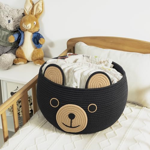 Image of CherryNow Woven Rope Basket, Bear Baskets for Gifts Empty, Large Storage Basket for Living Room Nursery, Decorative Animal Baskets with Handles, Black, 15.7 inchD x 10.5 inchH