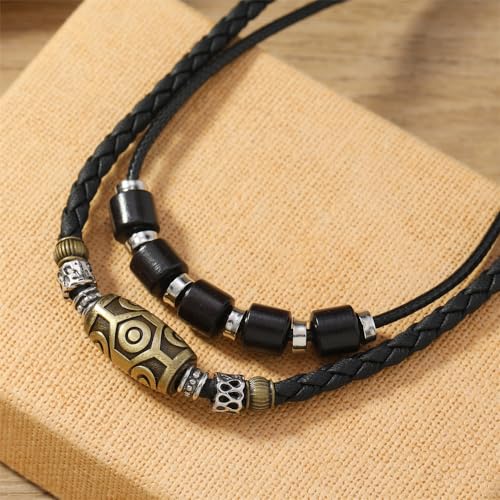 Double Layers Braided Black Leather Meatal Beaded Necklace with A Big Oval Metal Bead Simple Stylish for Summer Beach Surfer4