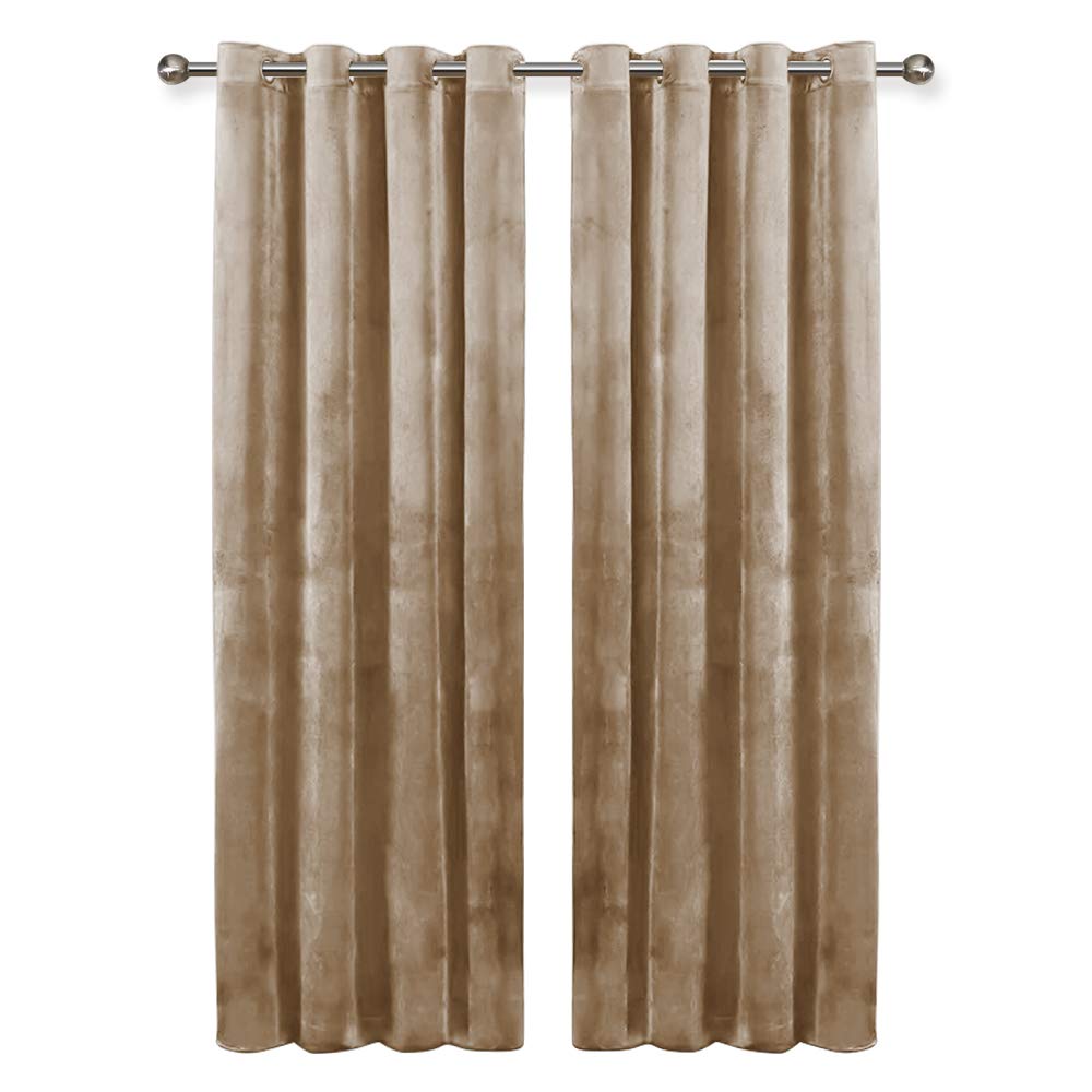 Oxford Homeware Beige Blackout Curtains For Bedroom – 46 X 54 Inch Drop Crushed Velvet Curtains Ring Top - Thermal Insulated Curtains For Living Room With 2 Tie Backs (116Cm X 137Cm)