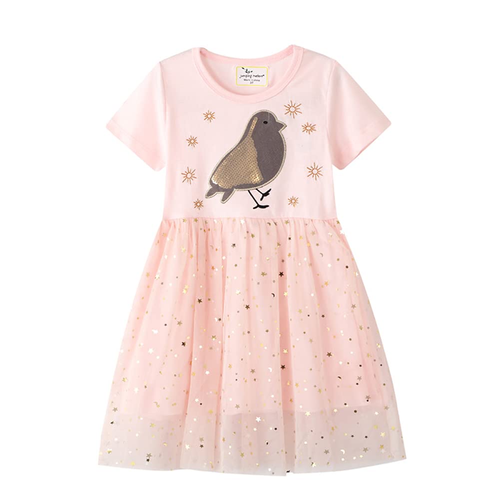 Kids Toddler Little Girls Cotton Knit Casual Sequin Tutu Dress Short Sleeve Bird 3-4T