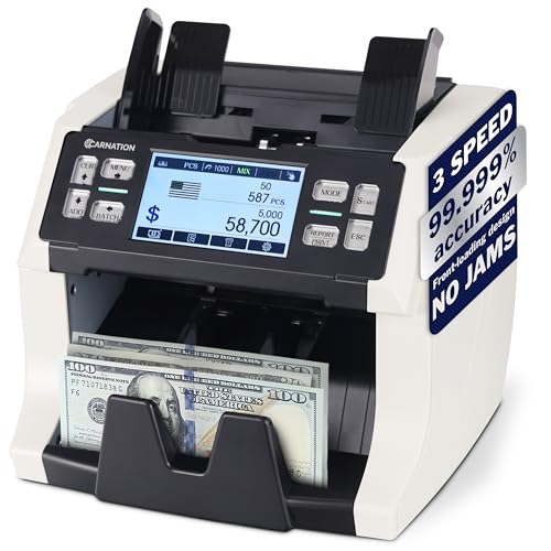 Carnation CN6 Mixed Denomination Money Counter Machine - Money Counter with UV/MG/IR Counterfeit Detection - 3 Speeds from 800~1000~1200N/M and Supported Currency USD/CAD/BRL/MXN/ARS/Pen/CLP/DOP/VES