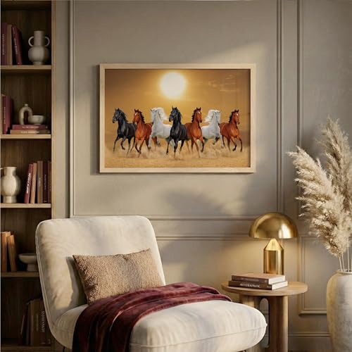 Image of Suneree 7 Horse Vastu Wall Painting - Running Horses Golden Desert Landscape Framed Wall Art for Living Room & Office Decor (Natural, Design 13, 13x19 Inch)