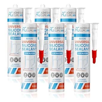 Adhesive Guru Clear Silicone Sealant Waterproof (6 x 10.15 fl.oz.), All Purpose 100% Silicone Caulk, Weatherproof & Flexible Adhesive Sealant for Indoor and Outdoor Use,Transparent - 6 Pack