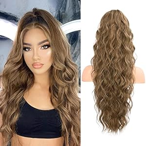 FLUFYMOOZ Ponytail Extension, 26 Inch Drawstring Ponytail Hair Extensions for Women， Long Curly Wavy Ponytail Natural Synthetic Hairpiece for Women (26″ Dark Ash Blonde with Highlights)