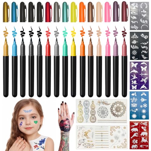 KELAV Stylo Tatouage Temporaire 15 Pièces, Feutre Tatouage Kit avec 5 Pochoirs 2 Autocollants, Stylo Noir Feutres Tatouages pour Garçons Filles Carnaval Halloween Fête D'anniversaire