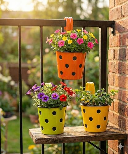 Image of Premium Hook Planter with Inner Pot | Polka Dot Hanging Planter for Balcony & Railings | Sturdy Plastic | Built-in Drainage | Vibrant Colours | Indoor & Outdoor Gardening (3 Pot, Mix)