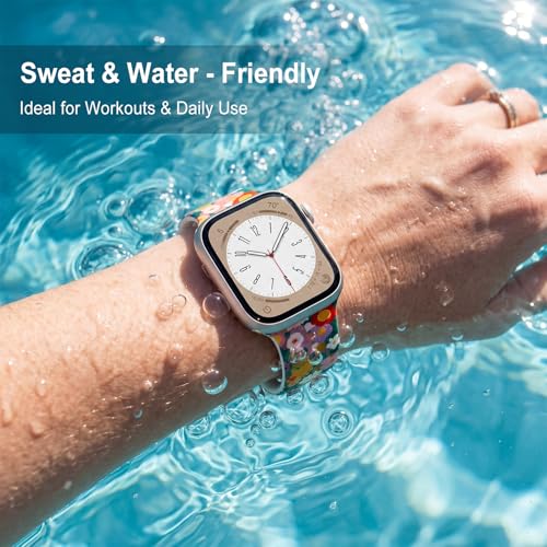Image of Floral Band Compatible with Apple Watch Bands for Women 40mm 42mm 41mm 38mm 44mm 45mm 46mm 49mm, Cute Pattern Flower Soft Silicone Sport Strap for iWatch Series Ultra 11 10 SE 9 8 7 6 5 4 3 2