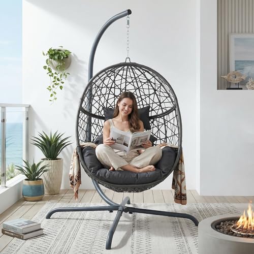 NICESOUL Swing Egg Chair with Stand, Bird Cage Patio Hanging Chair with Cushion, Large Swinging Chairs Indoor Outdoor, All-Weather 350lbs Eggshell Basket Seat for Porch, Backyard, Dark Grey