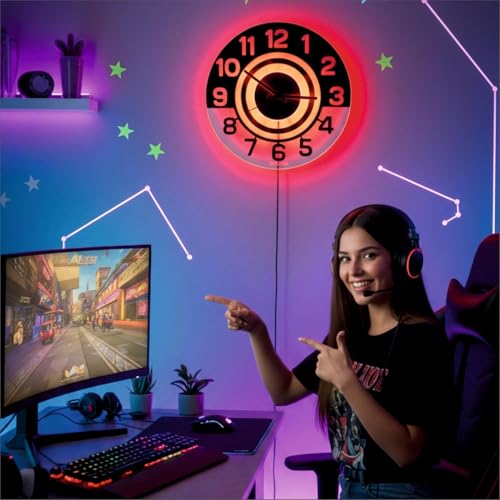 Image of 12 Inch Acrylic Modern Neon Wall Clock with LED Backlight | Night Lamp Neon Clock with Clear Visible Numbers for Home,Bedroom,Office Decor | Light Off Show Black Numbers New (Red)