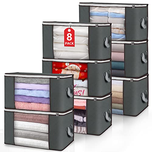 Image of Large Storage Bags, 8 Pack Clothes Storage Bins Foldable Closet Organizers Storage Containers with Durable Handles Thick Fabric for Blanket Comforter Clothing Bedding 90 L (Gray)