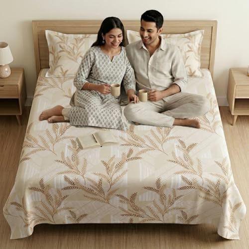 Image of Mafatlal 186 TC Metro Cotton Double Bed Bedsheet | 90x100 Inch|Soft, Breathable & Lightweight | Includes 2 Pillow Covers| Cream Gold 1