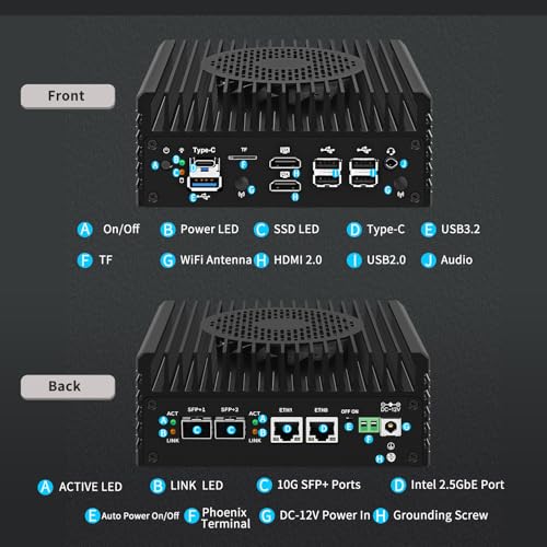 Image of Firewall Mini PC 2x10G SFP+ Ports,Alder Lake i3-N305(8C /8T,up to 3.8GHz) 2X i226-V 2.5GbE Mini Soft Router,SODIMM DDR5+M.2 NVMe SSD /2HDMI /USB2.0 /USB3.2Gen1 /Type-C Mini Desktop Computer
