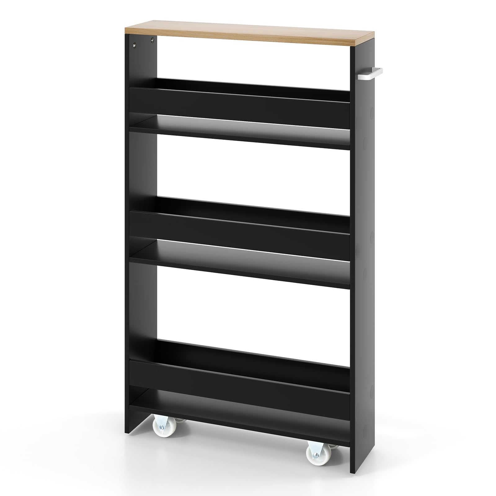 KOMFOTTEU Carrello Portaoggetti a 4 Ripiani con Ruote Rirevoli a 360°, Carrellino Scorrevole con Maniglia Slim, da Bagno, Cucina, Lavanderia, 47,5 x 13 x 80,5 cm (Nero e Naturale, Senza Presa)