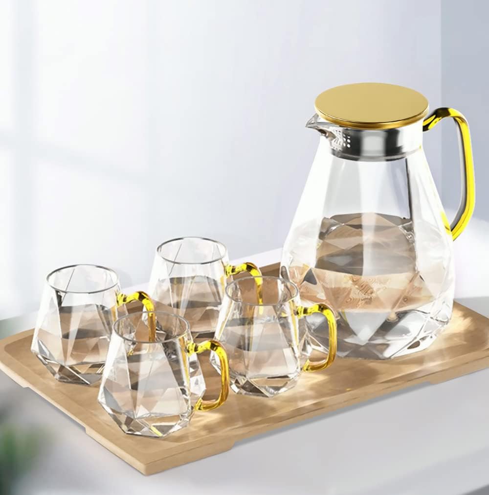 DUJUST Glass Pitcher with 4 Cups, 1 Tray, Elegant Diamond Design Water Pitcher with Handle, Decoration for Room, Durable Water Glass Carafe for Ice Tea, Beverage, Hot/Cold Coffee -Metal Lid