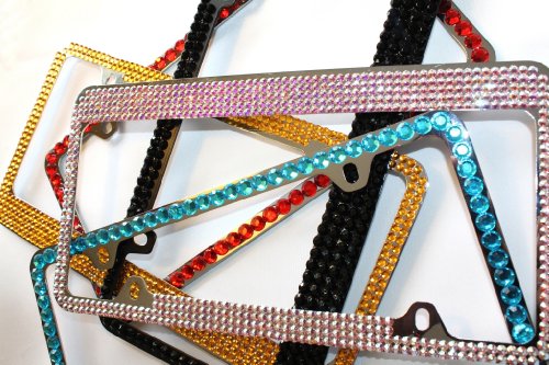 Hotblings 2 Row Full Lime Green Rhinestone Bling Sparkle Metal License Plate Frame & Caps Set #TOP4