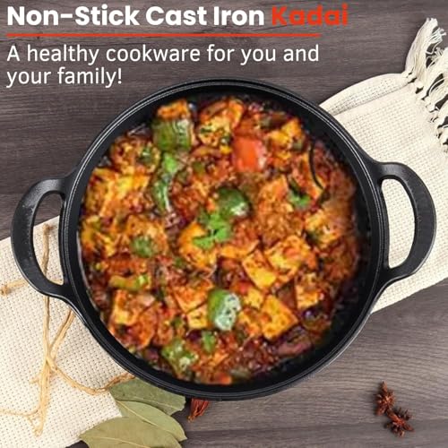 Image of HomeEssentials Cast Iron Kadai with Lid /Pre Seasoned Iron Kadai with 2 Handles and Flat Base /Iron Kadhai for Cooking /Uncoated Wok for Electric Induction (with Glass Lid 27cm), Black