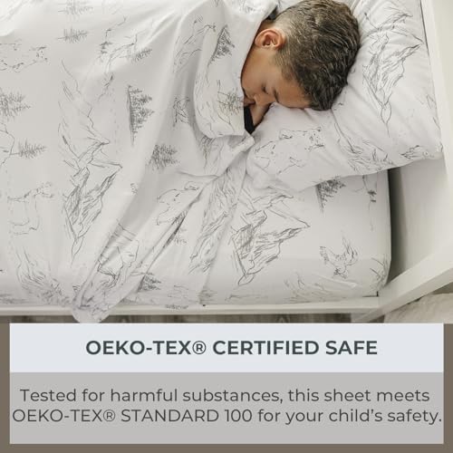Image of Pobibaby Premium Twin Full Sheets Sets, Kids Double Bed Sheets in Cotton Blend | Ultra-Soft Woodland Camping Print with Fitted Sheet, Flat Sheet & Pillowcases (Twin Explore Monochrome)